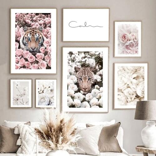 Blooming White Rose Leopard Pink Flower Tiger Wall Art Canvas Painting Nordic Posters And Prints Decor Pictures For Living Room