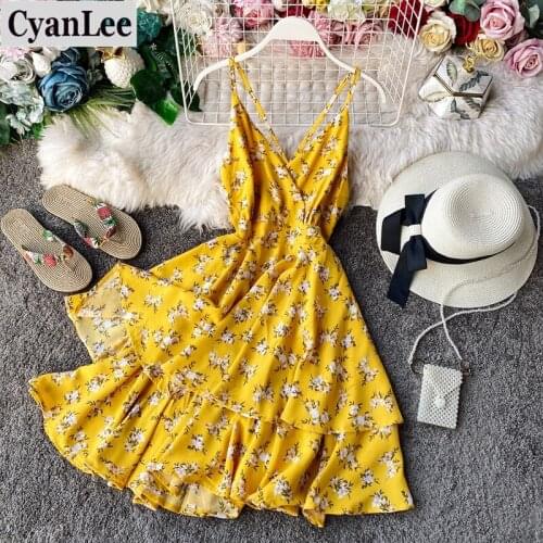 Cyanlee 2020 Summer Beach Dress V Neck Spaghetti Strap Dresses Bohemian Floral Sweet Vestidos Sexy Backless Robe Femme