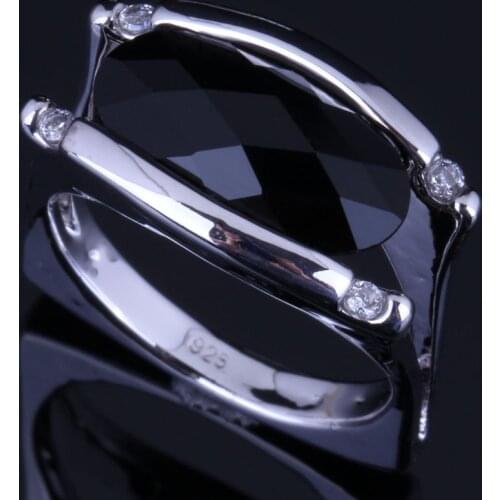 Perfect Oval Black Cubic Zirconia White CZ Silver Plated Ring V0660