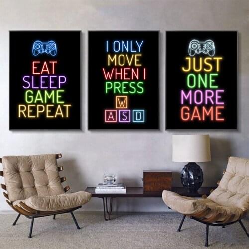 Gaming Wall Art Eat Sleep Game Repeat Poster Gamer Canvas Painting Poster Prints for Kids Boys Room Decorative Picture Playroom