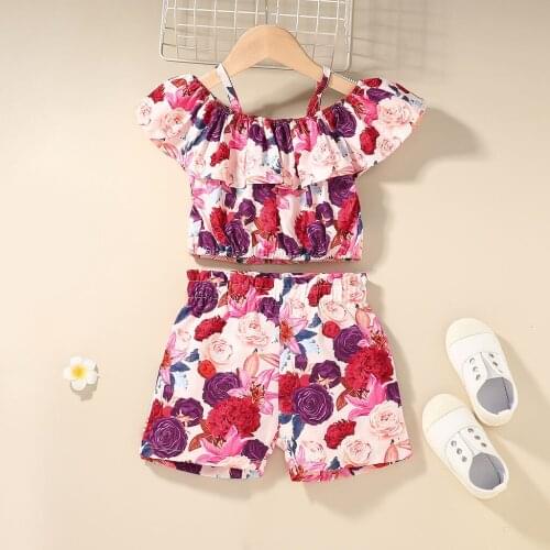 2Pcs Little Girls Outfit Summer Children Sweet Style Floral Printing Off Shoulder Flouncing Collar Suspender Tops + Shorts Set