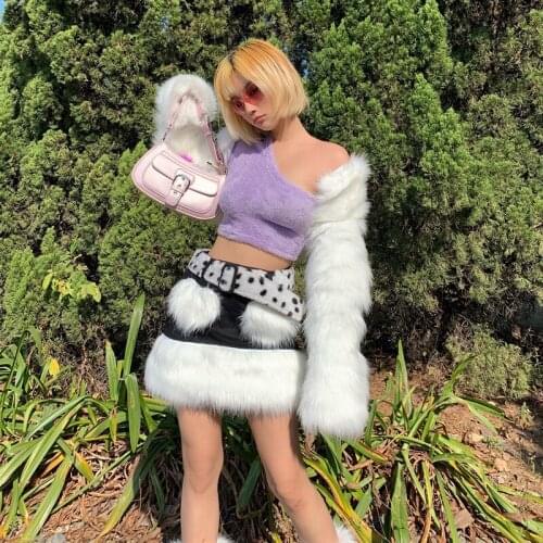 Hot Girls Furry Retro Winter Short Coat Lovely Faux Fur Mini Skirt 2pcs Set Sweet Cute Sexy Womens Outfit Plus Size