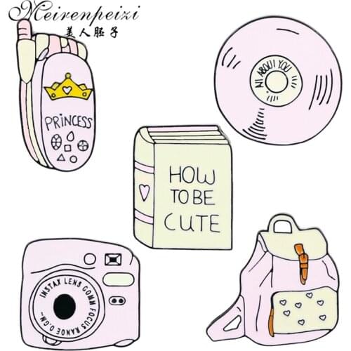 Meirenpeizi Backpack Book Camera Mobile phone CD Enamel Pin Custom Badges Pink Girl Brooches Lapel Pins Denim Shirt Collar