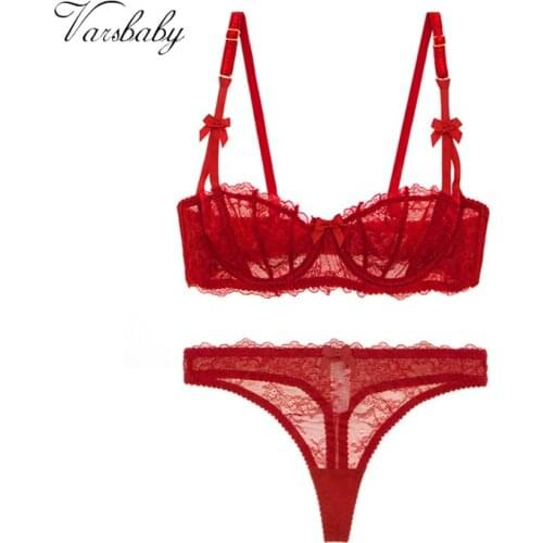 Varsbaby Christmas red bra set 1/2 cup transparent thong sexy lingerie