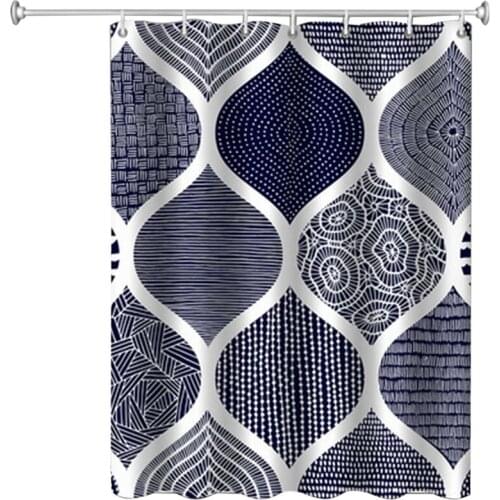 Bathroom Shower Curtain Waterproof Fabric With Hook Geometric Pattern Decoration Blue Bohemian Theme