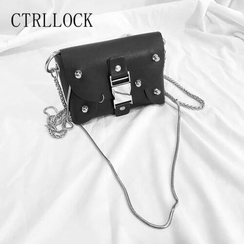 CTRLLOCK Punk Rock Buckles Chains One Shoulder Bag Techwear Y2k Women Rivets Streetwear Black Bag