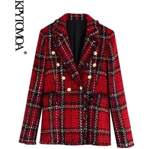 KPYTOMOA Women 2021 Fashion Double Breasted Tweed Check Blazer Coat Vintage Long Sleeve Frayed Tassel Female Outwear Chic Tops
