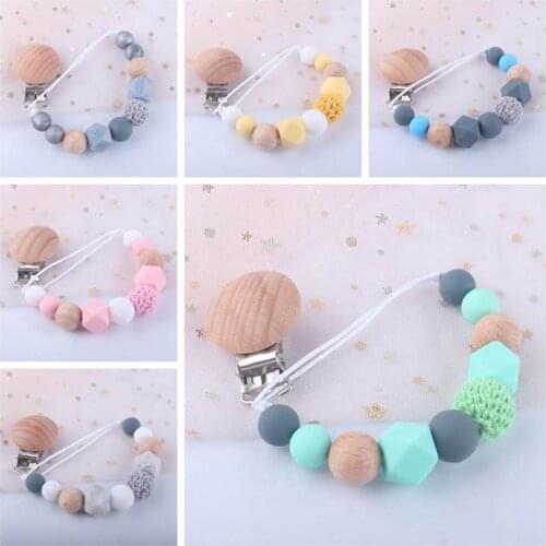 1Pc Wooden Beaded Pacifier Holder Clip Baby Fashion Anti-fall Nipple Dummy Pacifier Chain Kids Silicone Safety Teether Toy