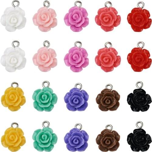 100pcs Resin Rose Charms Mixed Color Flower Pendants Fit DIY Bracelet Keychains Beads Earrings Jewelry Making Findings 16x13x6mm