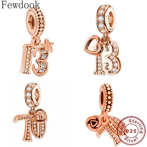 100% 925 Sterling Silver Rose Gold Number 13th 70th Bithday Bead Fit Original Brand Charm Bracelet Necklace Making Women Jewelry