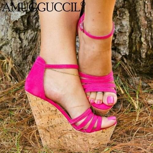 2020 New Plus Big Size 34-48 Rose red Buckle Fashion Sexy High Heel Platform Party Female Lady Summer Wedge Women Sandals L1127
