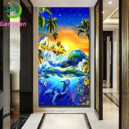 Large size 5d diy diamond painting Sunset Sea Dolphins cross stitch full square round rhinestone embroidery kits mosaic decor