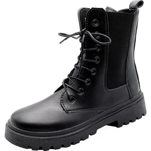 New Winter Womens Martin Boots ANKLE Round Toe Splicing Lace-up Solid Square Low 2cm Heel Fashion Female Boots Shoes Large Size