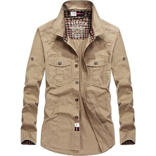 Brand Autumn Shirt Men Casual Shirts Pure Cotton Solid Military Long Sleeves Shirt Male Big Size M-XXXL