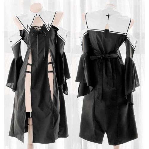 Battle Nun Girl Long Dress Sexy Cross Strapless Nightdress Women Hight Slit Open chest Uniform Set Lolita Vintage Pajamas