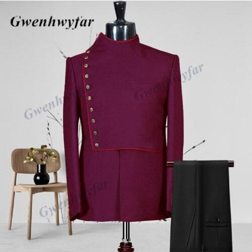 Gwenhwyfar High Neck Blazer Pants Gold Button Men Suits in Burgundy 2021 New Wedding Groom Tuxedos Elegant Show Prince Costume