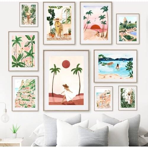 Italian Shore Sunset Beach Lemurs Moroccan Girl Wall Art Canvas Painting Posters And Prints Wall Pictures For Living Room Decor