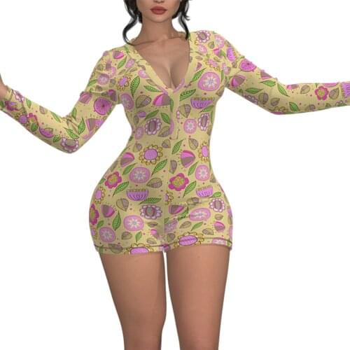 Sexy Women Stretch Button Deep V Neck Bodycon Lingerie Long Sleeve Pattern Print Sleepwear Jumpsuit Leotard Bodysuit Underwear