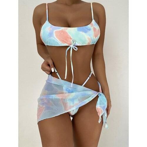 MYTENG Tie Dye Sexy Mini Thong Bikini Set Swimsuit Women Swimwear Three-pieces Bathing Suit Summer Beachwear Bandeau Biqiuni