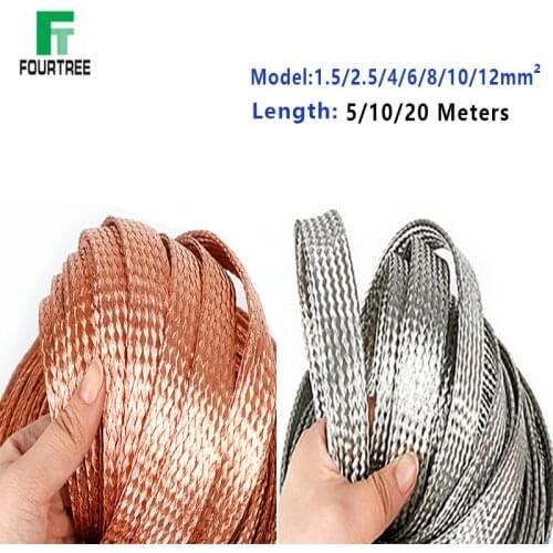 5/10/20M Copper Tinned Bare Ground Braid Lead WIre Signal Shielded Cable Conductive Tape High Flexibility 1.5-12mm 4-20mm Width