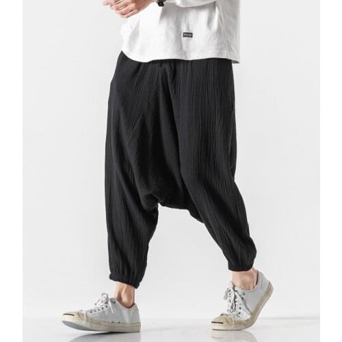 Men Solid Harem Pants Mens Japanese Streetwear Sweatpants Male Cotton Linen Vintage Joggers Pants Plus Size
