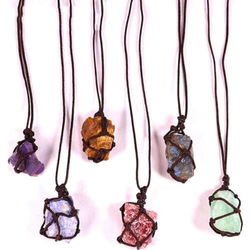 Natural Crystal Quartz Raw Net Pocket Pendant Crystal Necklace Healing Stone Reiki Hangings Craft Home Decoration Crafts