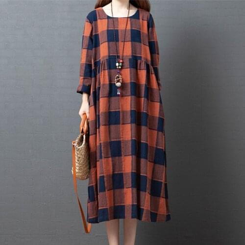 2021 New Arrival Long Sleeve Autumn Dress Soft Cotton Linen Plaid Loose Fashion Women Spring Dress Female Casual Midi Dress