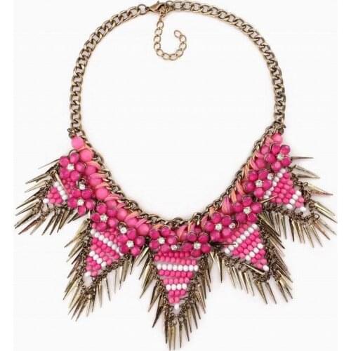 New Design Chunky Colorful Bead Flower Pendant Necklace Vintage Chain Spike Statement Necklace for Women Jewelry