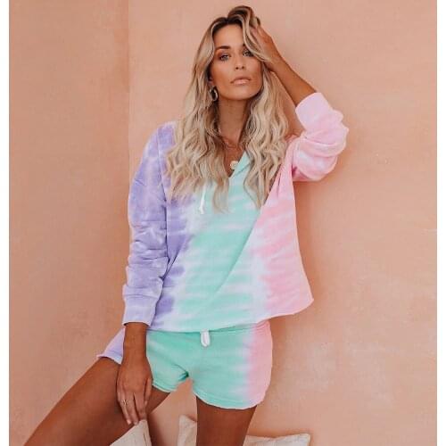 Autumn Women Two Piece Set Tracksuit Casual tie-dye gradient drawstring long sleeve hooded sweatshirt + shorts suit 2pcs Outfits