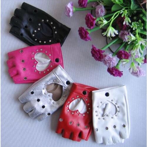 New fashion womens fashion semi-finger heart cut out gloves ladys fashion faux leather ds hip hop Rhinestone gloves