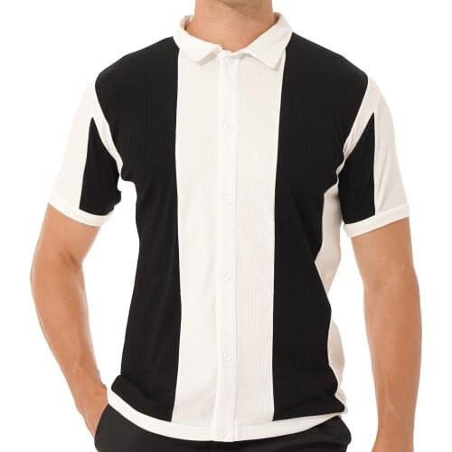 Men Work Chic Casual T-shirts Summer Stripe Ribbed Knitwear Short Sleeve Knit Blouse Top Turn-down Collar Button Down Shirt 2021