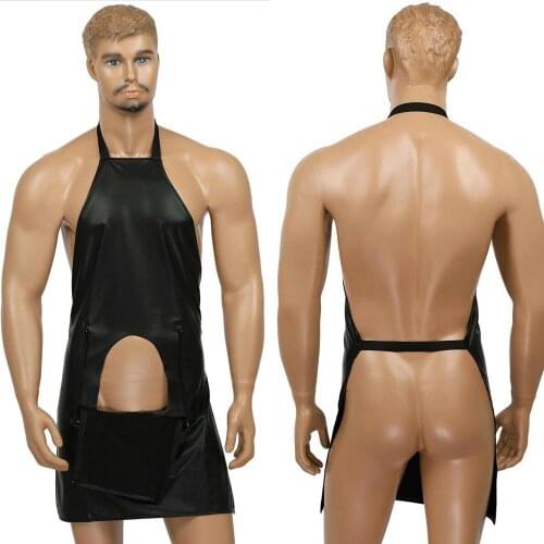 Sexy Men Faux Leather Butcher Cosplay Apron Gay Costume Wet Look Open Back Crotch Hole Barman Bodysuit Fetish Wear