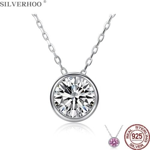 SILVERHOO Genuine Sterling Silver 925 Necklace For Women Round Shining Clear Cubic Zirconia Pendant Necklaces Luxury Jewelry