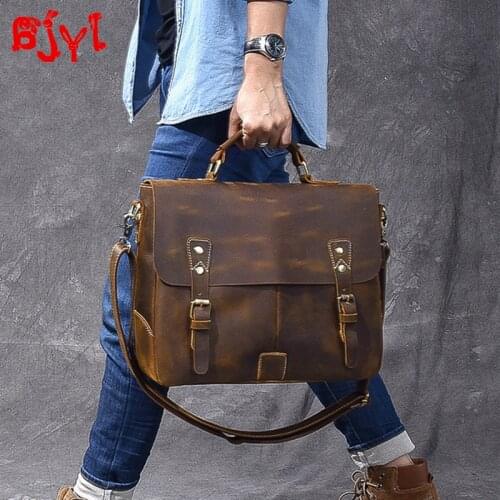 Vintage Leather Mens Handbags Classic Laptop Bag Men Briefcase Shoulder Messenger Bag Male Travel Bags Crazy Horse Leather Soft
