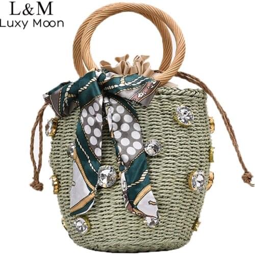 Women Summer Woven Bucket Bag For Female Beach Bags Diamond Handbag With Scarf Drawstring Luxury Ladies Evening Bag 2020 XA809H