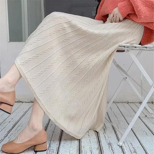Women 2021 Autumn Winter New Fashion Midi-Long Knitted Skirt Female Loose Warm High Waist Skirts Ladies Elegant A Line Skirts