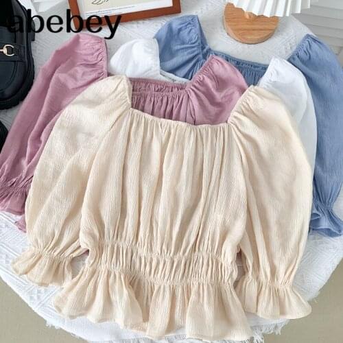 2021 New Summer Women Fashion All-match square collar puff sleeve Shirt pleated slim Ruffle solid Shirt Top