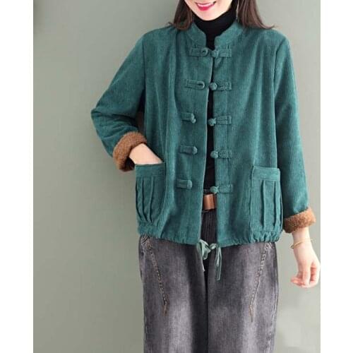 2020 Chinese Style New Women Stand Shirts Button Corduroy Autumn Blouses Solid Color Drawstring Women Vintage Jacket Top 11761