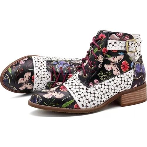 CUZULLAA Autumn Women Retro Floral Printing Ankle Boots High Shoes Lady Fashion Lace-Up Boots Female Booties Plus Size 35-43