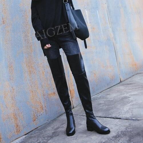 BERZIMER Quality Women Thigh High Boots Leather Over Knee Boots Low Chunky Heels Fold Over Zapatos Ladies Shoes Woman Size 33 40