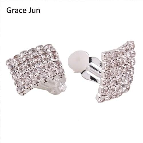 Grace Jun bridal earring 6 stand Rhinestone square Clip on Earrings for Women No Hole Ear Clip Fahion Jewelry Accessories