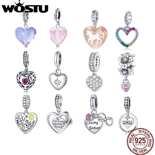 WOSTU 925 Sterling Silver Colorful CZ Heart Charms Beads Pendant Fit Original Bracelets & Bangles Women Fine Jewelry DIY Gift