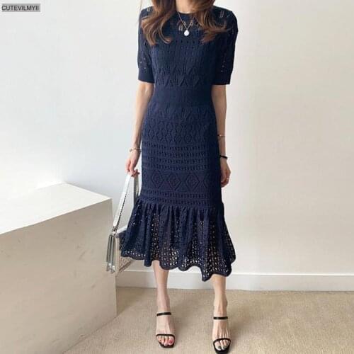 Women Hollow Out Design Long Dress Solid Short Sleeve Ice Silk Knit Trumpet Vestidos Mermaid Sexy Slim Dress See Through Female