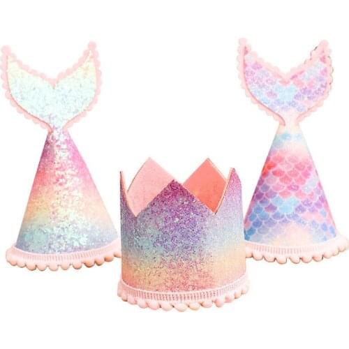 1pcs Baby Kids Birthday Crown Caps Mermaid Tail Birthday Hats Newborn Gilded Flash Gold Hair Ball Crown Baby Party Decorations