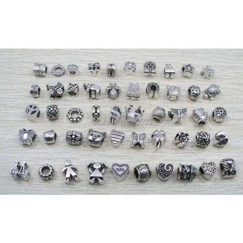 Free shipping 50pcs/lot mix 50 style big hole antique metal beads fit European bracelet jewelry DIY
