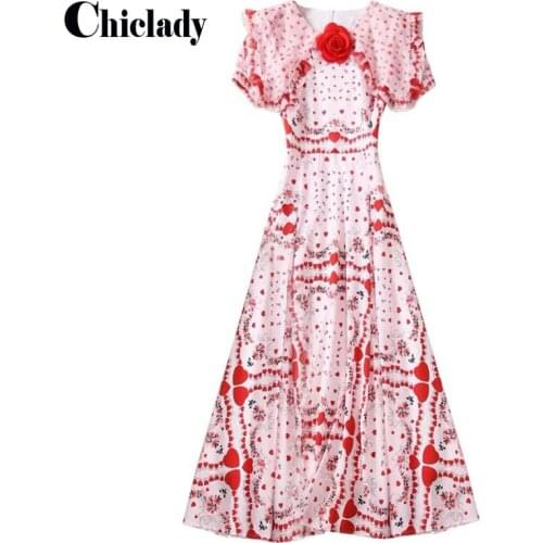 CHICLADY designer style red polka dot ruffles midi dress fir women party sweet cute birthday dresses with flower appliques robe