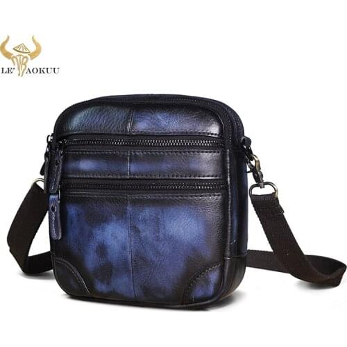 Design Fashion Blue Genuine Leather Male Casual Small Belt Fanny Waist Pack Messenger Satchel Cross-body Shoulder bag Men 8108