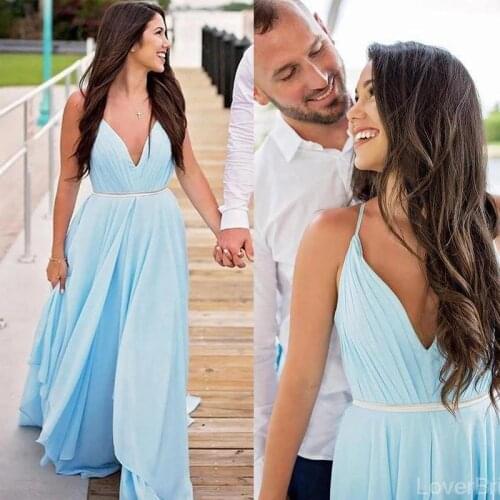 Elegant Simple Cheap Deep V Neck Long Blue A Line Women Wedding Guest Dress Evening Dresses