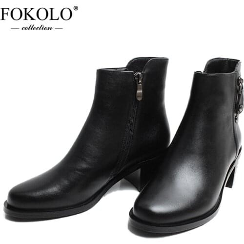 FOKOLO+X61 Women Leather Ankle Boots Round Heel Fleece Lining Round Toe Zipper Shape Comfortable Wearing