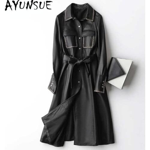 AYUNSUE Long 100% Genuine Sheepskin Leather Jackets Women Autumn Winter 2021 Black Womens Fur Clothing Jaqueta Feminina Gxy371